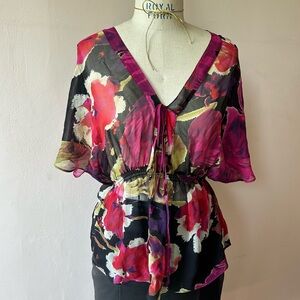 100% silk black pink floral sheer top, flutter sleeve, tie neckline